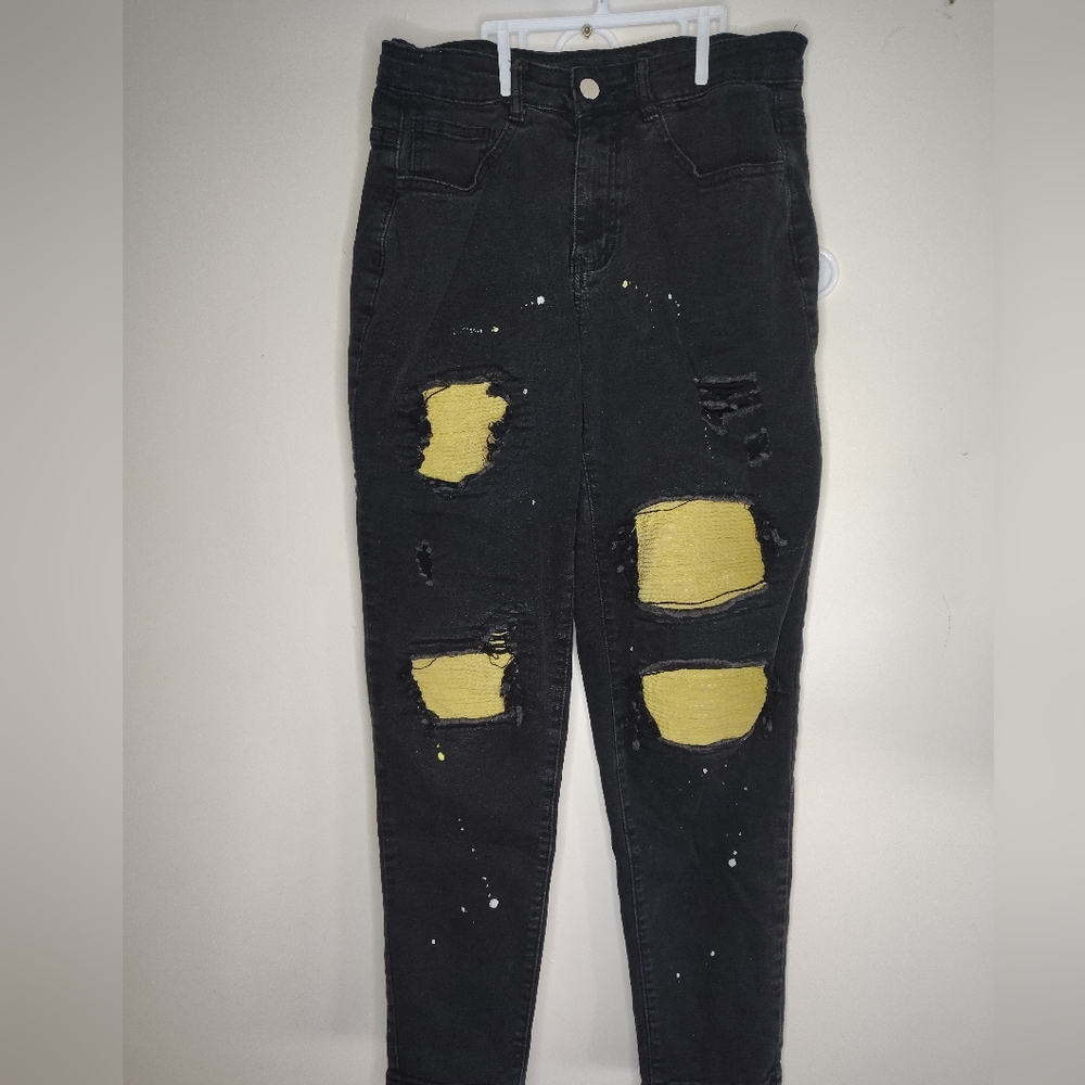 Black and Yellow Skinny Distressed Jeans